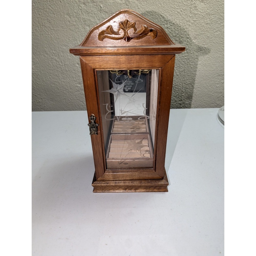 Vintage Wooden‎ Jewelry Cabinet Necklace Ring Etched Glass & Mirror